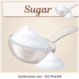 White sugar in metallic spoon. Cartoon vector icon. Series of food and ingredients for cooking