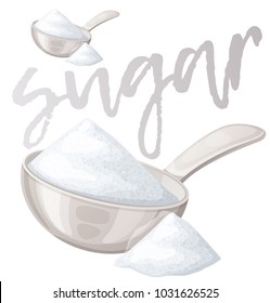 White sugar in metallic spoon. Cartoon vector icon isolated on white backround