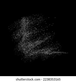 White sugar particles isolated on black background. Falling white dust. Powder with detailed particles. Abstract explosion. Flying baking flour top view. Crushed chalk pieces.