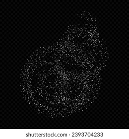 White sugar particles isolated on black background. Falling white dust. Flying baking flour top view. Crushed chalk pieces. Powder with detailed particles. Abstract explosion.