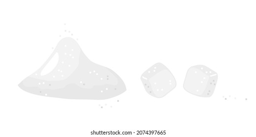 White sugar, piles and two cubes. Refined sugar, unhealthy nutrition, ingredient for preparation of sugary drinks or pastries. Cartoon vector illustration isolated on white background.