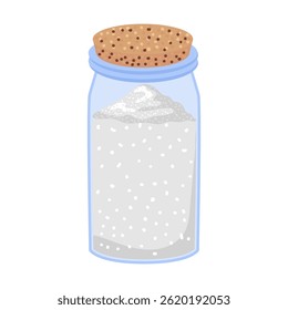 Polvo de azúcar blanco en botella en diseño plano. Producto dulce en tarro de cristal. Ilustración vectorial aislada.