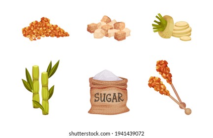 White Sugar in Sack and Pile of Brown Sugar in Cubes with Sugar Beet and Sugarcane Plant Vector Set