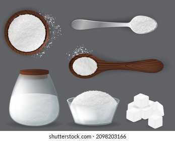 White sugar set with piles and cubes realistic. White grain sugar in spoon, pile top and side views. Sweet fructose seasoning vector set