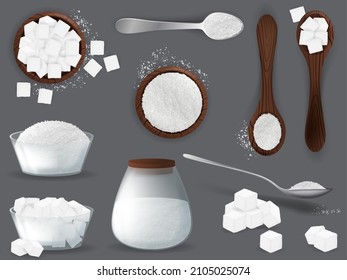 White sugar set with piles and cubes realistic. White grain sugar in spoon, pile top and side views. Sweet fructose seasoning vector set