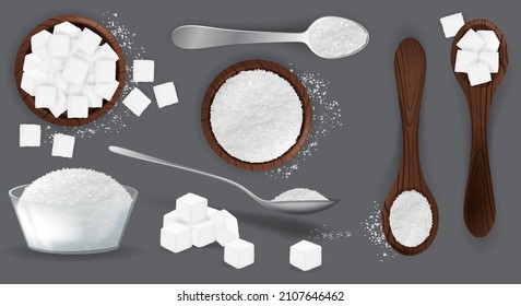 White sugar set with piles and cubes realistic. White grain sugar in spoon, pile top and side views. Sweet fructose seasoning vector set