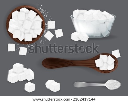 White sugar set with piles and cubes realistic. White grain sugar in spoon, pile top and side views. Sweet fructose seasoning vector set
