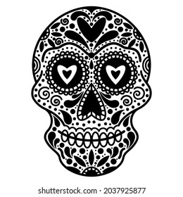 White sugar skull with abstract ornament. Hand drawn vector icon isolated on white background. Monochrome illustration for the Mexican Day of the Dead El Dia de Muertos. Sketch of a tattoo.