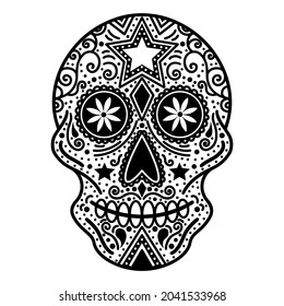 White sugar skull with abstract ornament. Hand drawn vector icon isolated on white. Skeleton mask illustration for day of the dead, halloween. Black outline skull with geometric patterns.