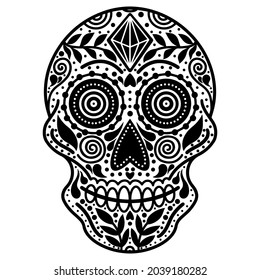 White sugar skull with abstract pattern. Hand drawn vector icon isolated on white background. Monochrome illustration for the Mexican Day of the Dead El Dia de Muertos. Doodle with ornament.