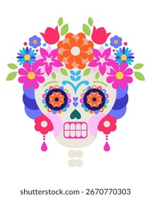 Crânio de açúcar branco decorado com flores coloridas e brincos na ilustração vetor estilo arte folclórica mexicana para o Dia da Morte celebração.
