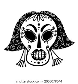 White sugar skull vector icon. Hand-drawn illustration. Festive girl mask. Sketch for El Día de Muertos. Monochrome concept for decoration, design of events, holidays, printing on flyers, souvenirs.