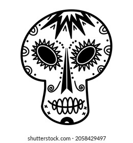 White sugar skull vector icon. Hand-drawn illustration. The patterned face of a man. Festive mask for El Día de Muertos. Monochrome concept for decoration, holiday design, event, carnival, celebration