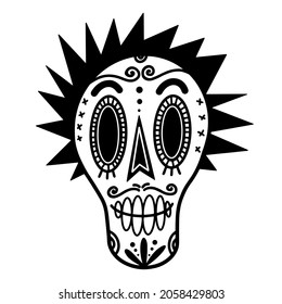 White sugar skull vector icon. Hand-drawn illustration. Painted face of a man with a mohawk. Festive mask for El Día de Muertos. Monochrome concept for decoration, holiday design, event, carnival.