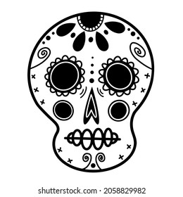 White sugar skull vector icon. Hand drawn doodle. Festive mask for El Día de Muertos. Face sketch. Monochrome concept for decoration, holiday design, event, carnival, print on flyers, souvenirs