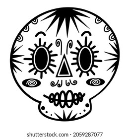 White sugar skull vector icon. Hand drawn doodle. Bone with a monochrome pattern. Festive mask for El Día de Muertos. Concept for decoration, design of carnival, event, holiday.