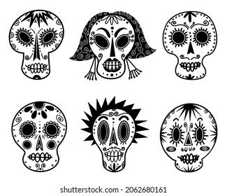 White sugar skulls vector icon set. Hand-drawn doodles. A sketch of festive masks for El Día de Muertos. Monochrome concept for decoration, holiday design, carnival, festival, print flyers, cards