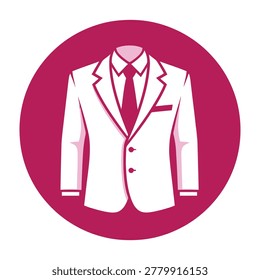 A white suit jacket and tie on a pink background. Business fashion symbol. Professional attire icon.