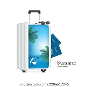 white suitcase or luggage was opened. Seeing inside is sea, sky and coconut trees in summer and on top there are sunglasses and blue passport on the side ,vector 3d isolated for travel summer concept