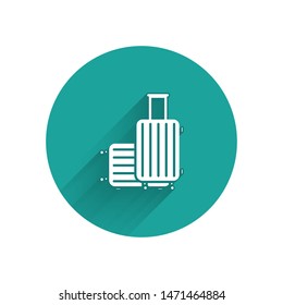 White Suitcase for travel icon isolated with long shadow. Traveling baggage sign. Travel luggage icon. Green circle button. Vector Illustration