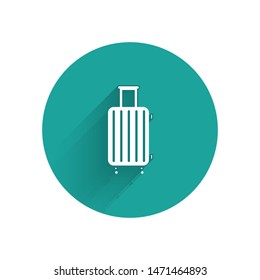 White Suitcase for travel icon isolated with long shadow. Traveling baggage sign. Travel luggage icon. Green circle button. Vector Illustration