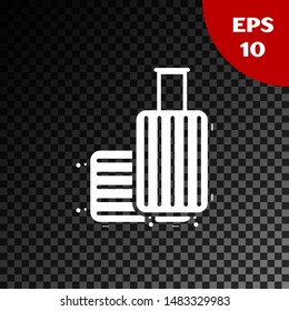 White Suitcase for travel icon isolated on transparent dark background. Traveling baggage sign. Travel luggage icon.  Vector Illustration