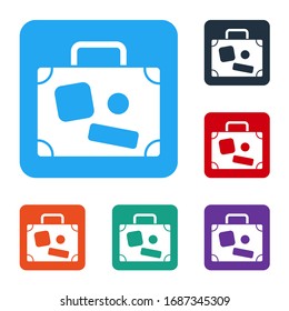 White Suitcase for travel icon isolated on white background. Traveling baggage sign. Travel luggage icon. Set icons in color square buttons. Vector Illustration