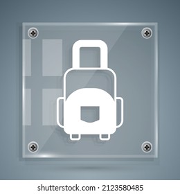 White Suitcase for travel icon isolated on grey background. Traveling baggage sign. Travel luggage icon. Square glass panels. Vector