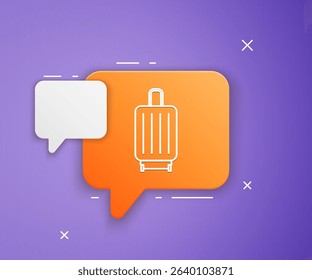 White Suitcase for travel icon isolated on purple background. Traveling baggage sign. Travel luggage icon. Orange speech bubble symbol. Vector
