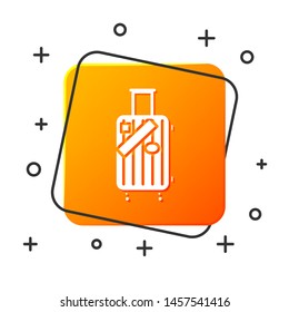 White Suitcase for travel and stickers icon isolated on white background. Traveling baggage sign. Travel luggage icon. Orange square button. Vector Illustration