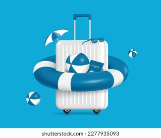 white suitcase or suitcase is worn with lifebuoy and has blue passport and inflatable ball  place front center and glasses and umbrella on top,vector 3d on blue background for travel summer season