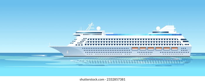 White summer cruise liner sailing in open sea. Modern luxury huge ship. Teal water, blue sky. Holiday vacation and resort in Pacific or Atlantic Ocean, longtime voyage. Vector illustration