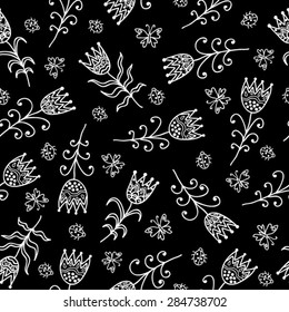 White Summer Pattern With Tulips And Ladybugs On The Black Background