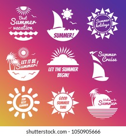 White summer rest labels with sun and sea on colorful background. Vector illustration