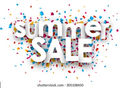 White summer sale sign over confetti background. Vector holiday illustration. 