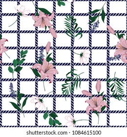 White summer seamless pattern spring branch delicate and beautiful lily blooming flowers vector on hand drawn grid rope check for fashion fabric ,wallpaper ,book ETC