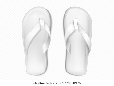 White summer slippers for beach or pool isolated on transparent background. Vector realistic mockup of blank flip flops, plastic sandals with thong, rubber shoes for household or sea vacation