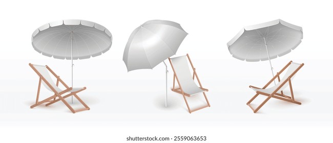 White summer sun umbrella and beach chair mockup. 3d holiday on sea travel element illustration. Vacation on island realistic furniture. Outdoor tropical lounger with shadow for paradise ocean hotel