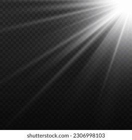 El verano se incendió la luz solar blanca. Estrella mágica de luz, rayos solares blancos, destellos relámpago. Luces brillantes de estrella caliente, concepto de verano dorado brillante y vibrante fondo plateado. Ilustración vectorial. 