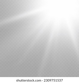 White summer sunlight burst. Magic light star, white sun rays, flash sparkles. Shiny hot star lights, summer concept gold bright and vibrant silver background. Vector illustration. 