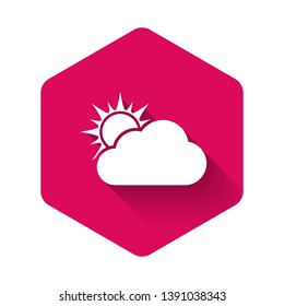 White Sun and cloud weather icon isolated with long shadow. Pink hexagon button. Vector Illustration