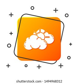 White Sun and cloud weather icon isolated on white background. Orange square button. Vector Illustration