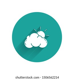 White Sun and cloud weather icon isolated with long shadow. Green circle button. Vector Illustration