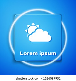 White Sun and cloud weather icon isolated on blue background. Blue square button. Vector Illustration