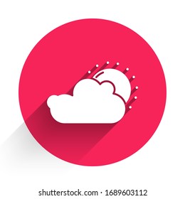 White Sun and cloud weather icon isolated with long shadow. Red circle button. Vector Illustration