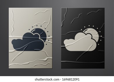 White Sun and cloud weather icon isolated on crumpled paper background. Paper art style. Vector Illustration
