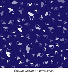 White Sun and cloud weather icon isolated seamless pattern on blue background.  Vector