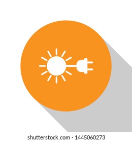 White Sun with electric plug icon isolated on white background. Energy saving concept. Orange circle button. Vector Illustration
