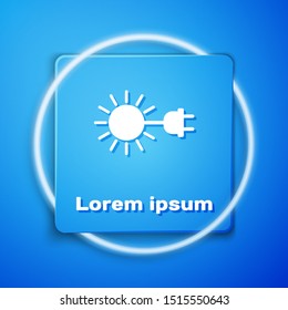 White Sun with electric plug icon isolated on blue background. Energy saving concept. Blue square button. Vector Illustration