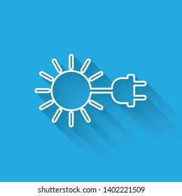 White Sun with electric plug line icon isolated with long shadow. Energy saving concept. Vector Illustration